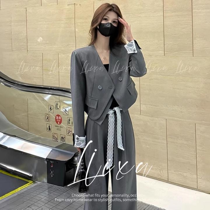 时尚西服套装女春秋职业穿搭一整套V领西装外套+吊带阔腿裤四件套