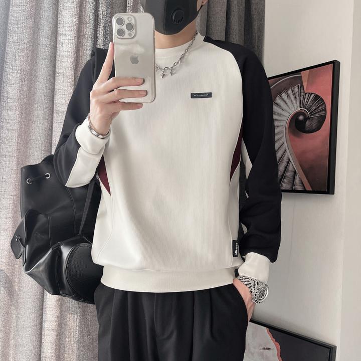 黑白拼色卫衣男初秋内搭打底衫长袖2025新款春季潮流拼接圆领上衣