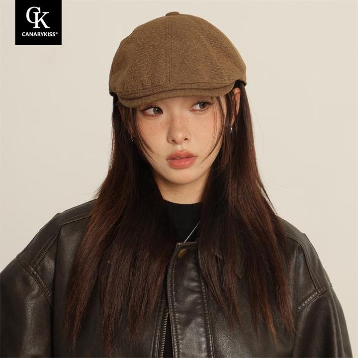 Canary Kiss咖色前进帽女秋季显脸小反戴鸭舌贝雷帽报童画家帽子