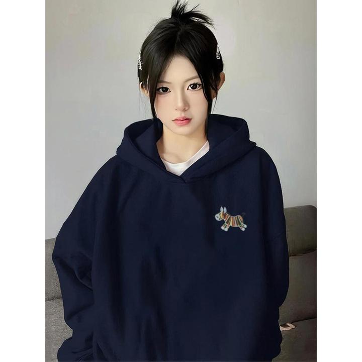 藏蓝色连帽卫衣女秋冬爆款美式高街宽松小个子慵懒风休闲百搭长袖