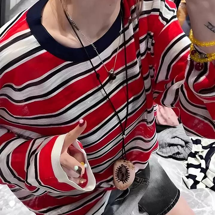 老钱风松弛感女装贵气2025新款设计美式撞色条纹长袖t恤针织上衣