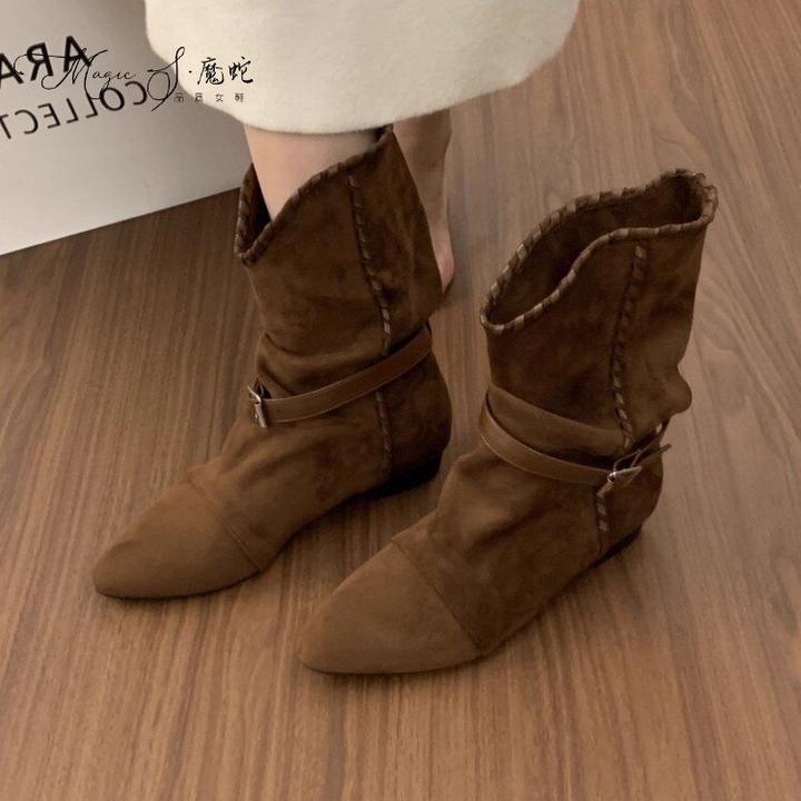 复古绒面尖头褶皱堆堆靴子2025新款单靴内增高短筒西部牛仔靴女