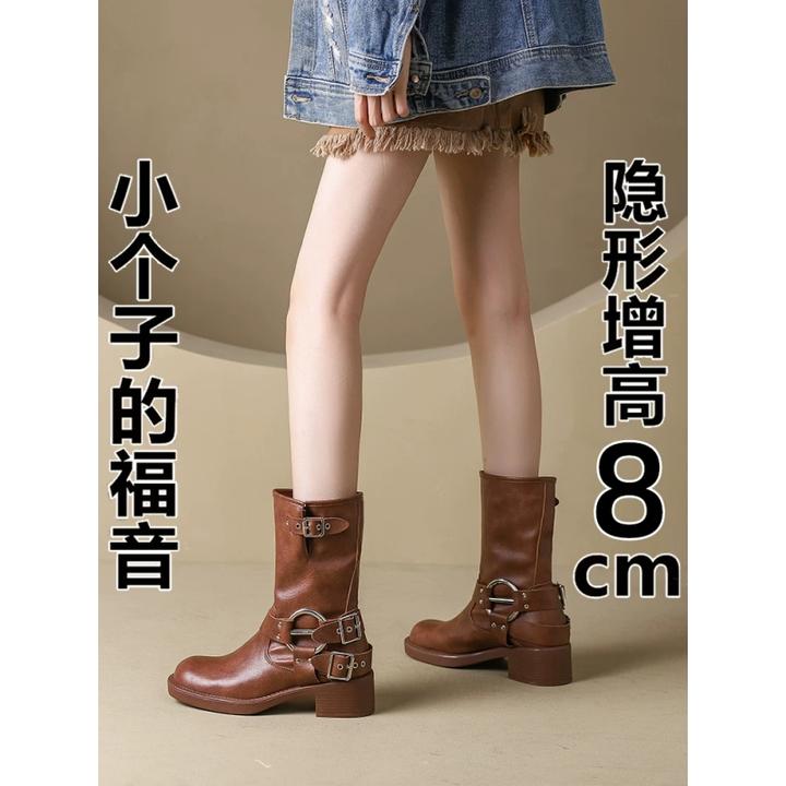 真皮马丁靴女2025年秋冬新款加绒西部牛仔靴子增高骑士靴厚底短靴