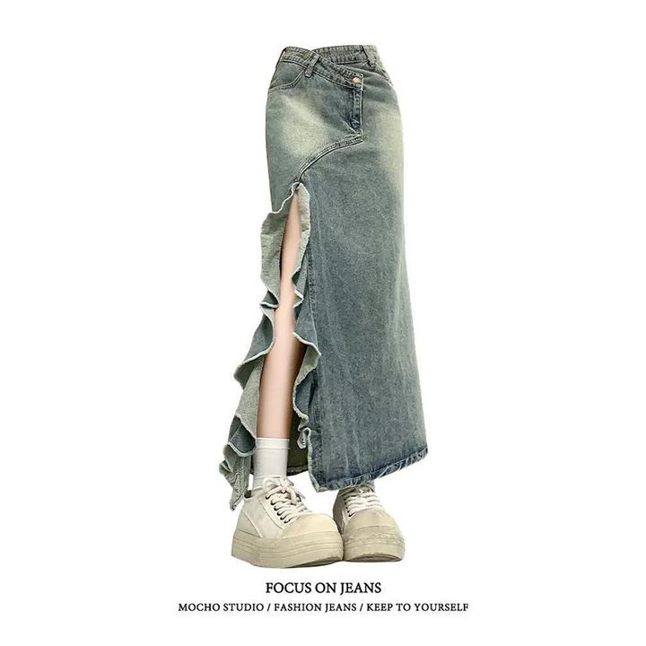 鱼尾不规则开叉牛仔半身裙女复古蓝花边波浪高腰小个子辣妹包臀裙