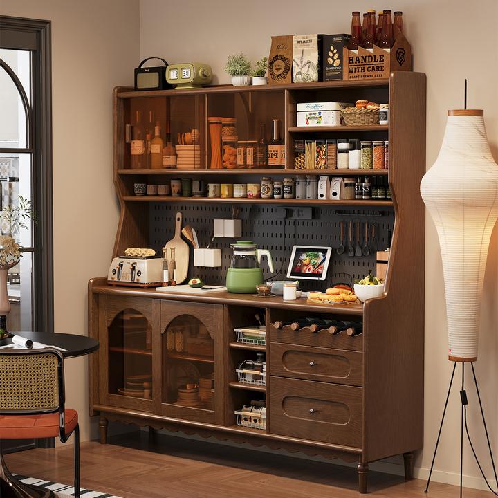 胡桃木餐边柜一体靠墙高柜简约餐厅厨房茶水柜洞洞板客厅酒柜实木