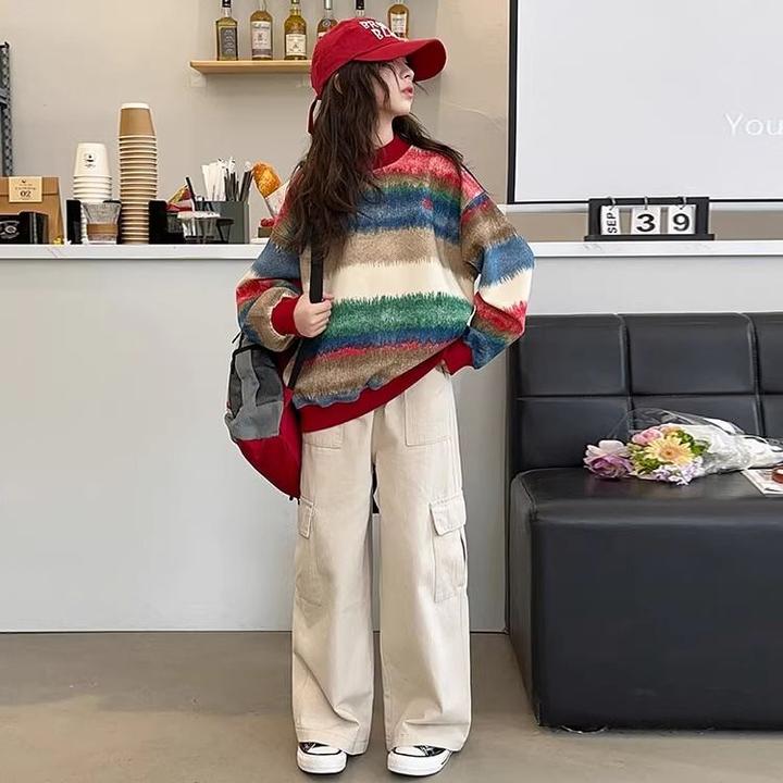 女童秋装彩色条纹卫衣韩版上衣2025新款春秋款女大童圆领长袖T恤