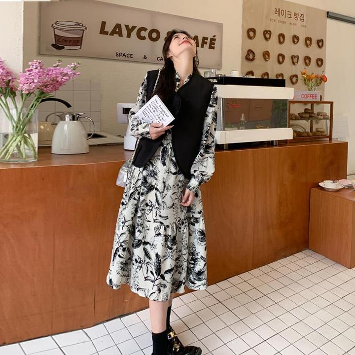 新中式黑色马甲水墨印花连衣裙套装女2025春新款高级感裙子两件套