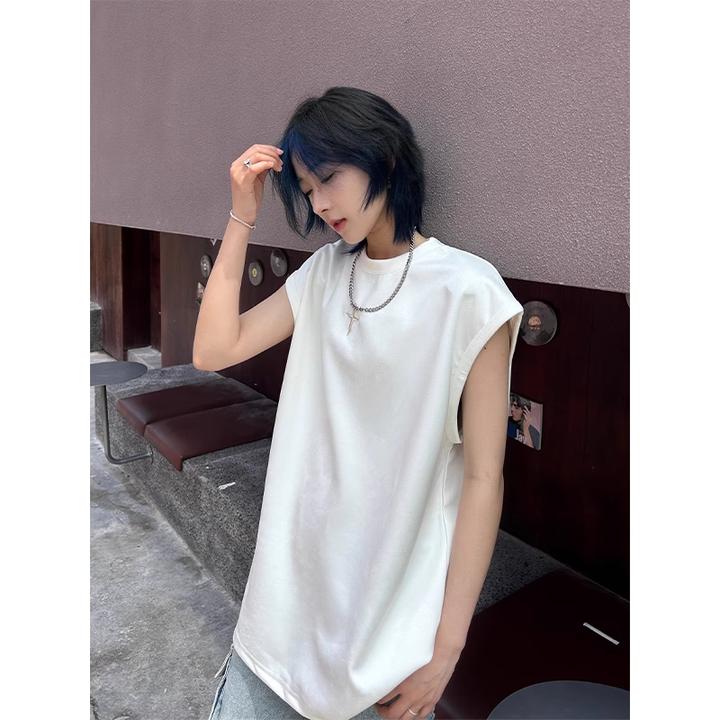 顶瓜瓜加大码300斤美式仿麂皮刺绣无袖背心男女夏季新款潮流上衣