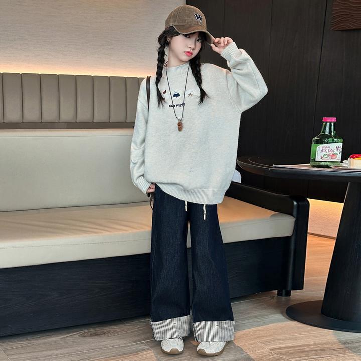 女童套装秋装10-15岁大童韩版时尚儿童圆领毛衣牛仔裤休闲两件套