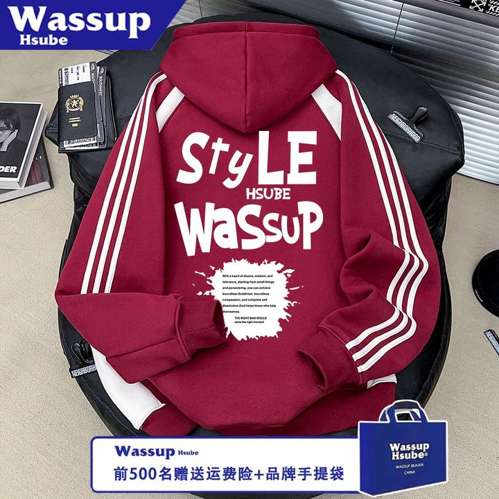 WASSUP HSUBE美式秋冬印花卫衣潮泼墨字母男女宽松三条杠连帽上衣