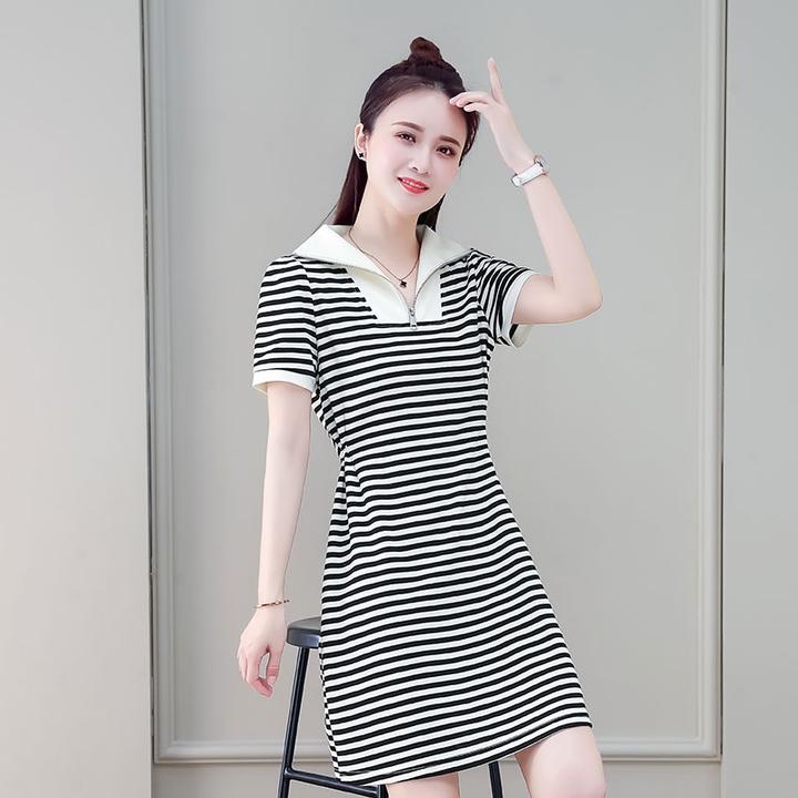 2025年夏季新款条纹短袖连衣裙女时尚洋气减龄修身显瘦拼接A字裙
