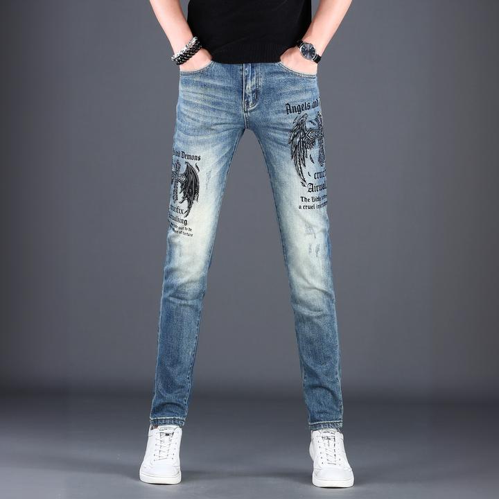 JJ高端品牌男士牛仔裤弹力蓝色美式痞帅高级感裤子十字架牛仔裤