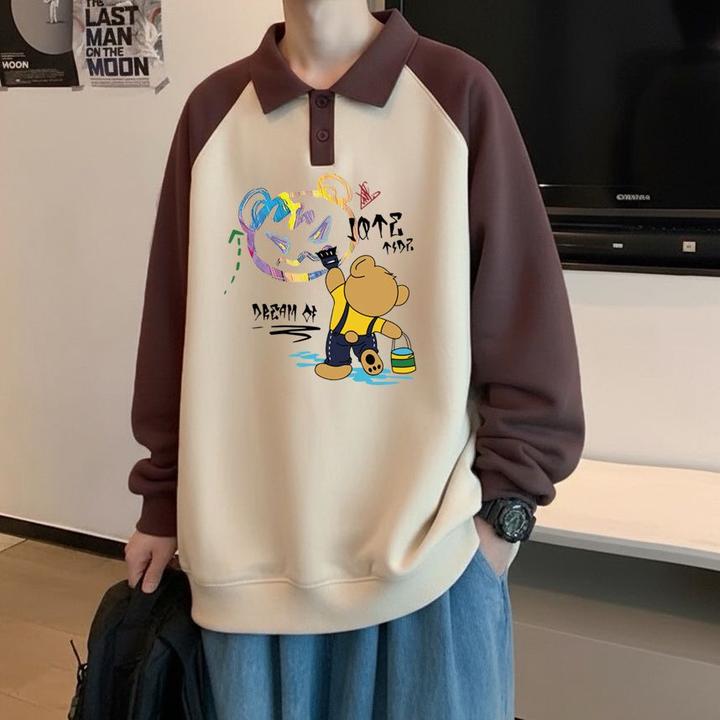 潮牌美式polo衫拼色卫衣男生大码宽松长袖上衣春秋百搭套头打底衫