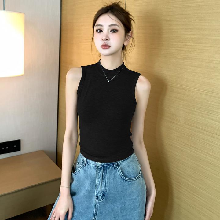 黑色螺纹吊带背心女夏2025新款内搭小高领短款露脐无袖打底上衣女
