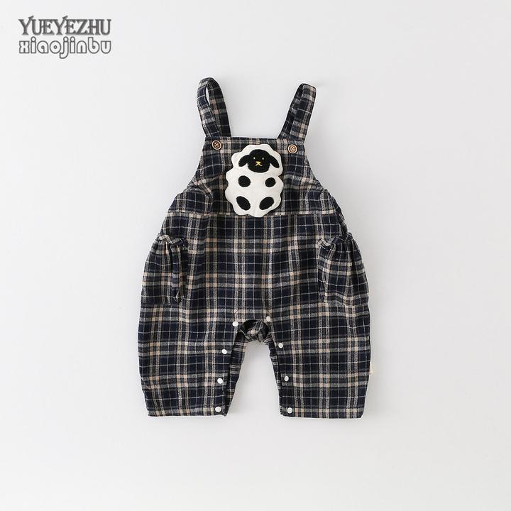 婴儿秋装男宝宝格子连体衣春秋韩版洋气卡通背带哈衣幼儿潮打底衫