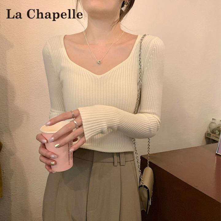 拉夏贝尔长袖内搭针织衫女秋季韩版修身气质别致打底衫毛衣上衣