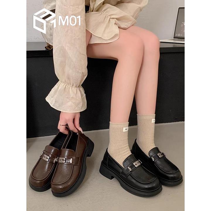 M01英伦风粗跟乐福鞋女新款百搭时尚一脚蹬单鞋配裙子jk小皮鞋
