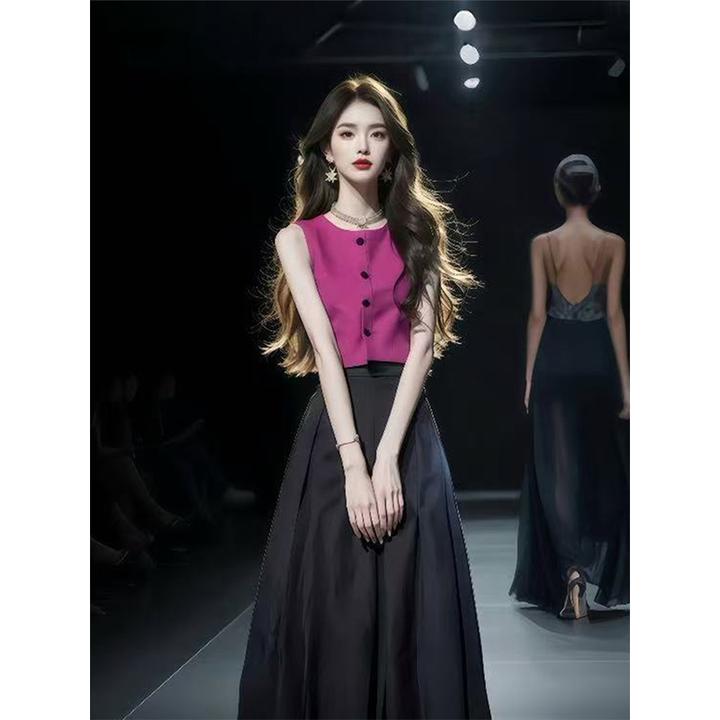 法式高级感别致女神范名媛小香风绝美玫红色背心上衣半身裙两件套