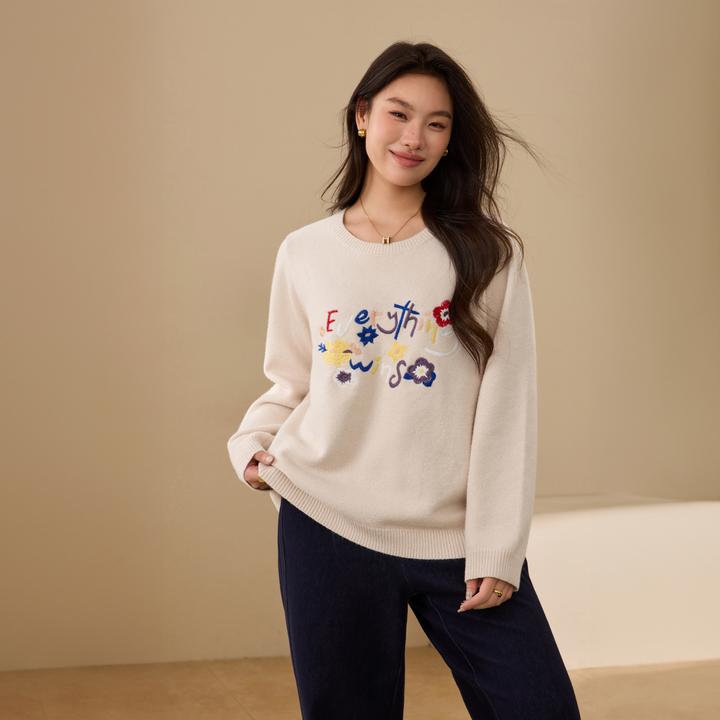 【繁花】纤莉秀W大码女装胖mm流光风刺绣设计感圆领软糯毛衣QK4848