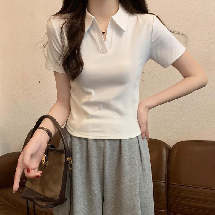 韩版辣妹V领修身显瘦短袖T恤女夏季洋气百搭上衣复古气质POLO衫潮