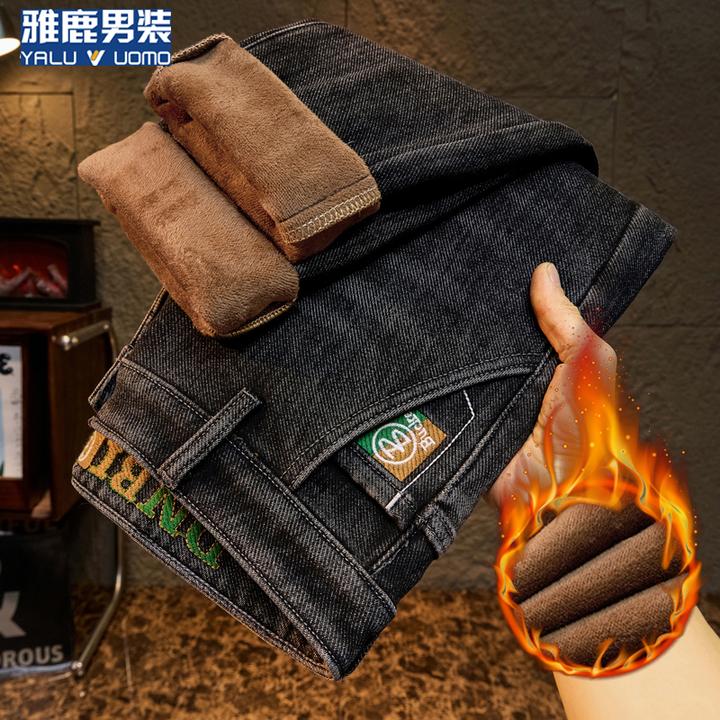 雅鹿男装2025秋冬新款加绒牛仔裤男士潮牌修身直筒刺绣休闲长裤男