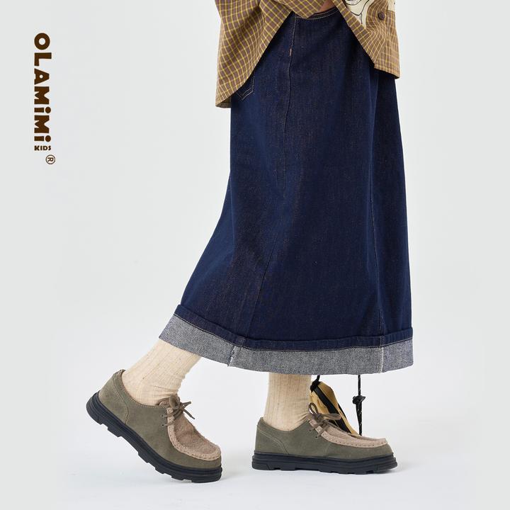 OLAMIMI童装 亲子韩版翻边直筒长半裙休闲百搭背后开叉复古牛仔裙