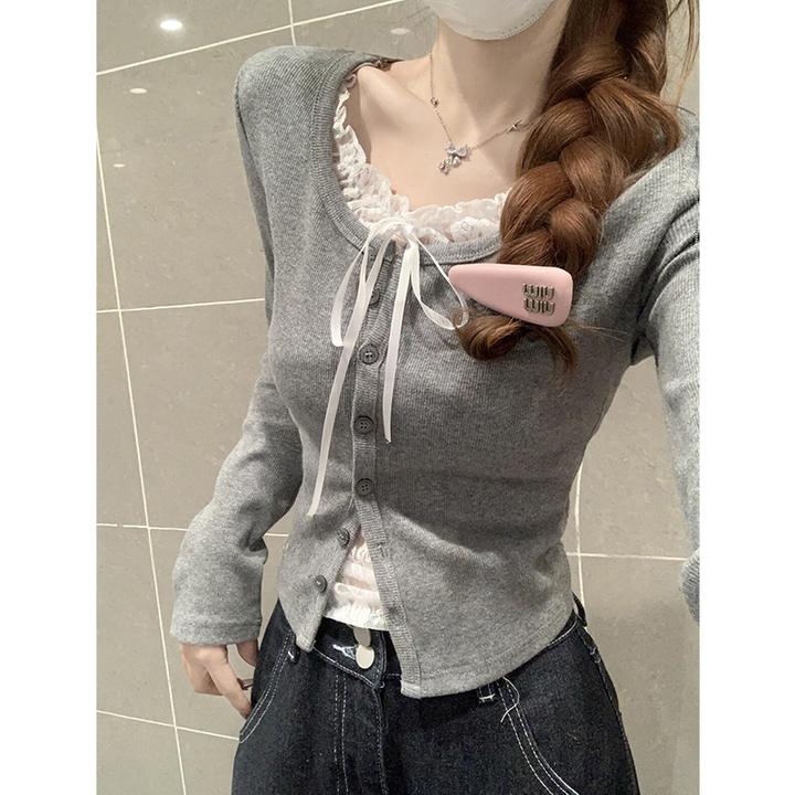 美式辣妹假两件拼接蕾丝长袖t恤女冬修身设计感小众显瘦百搭上衣