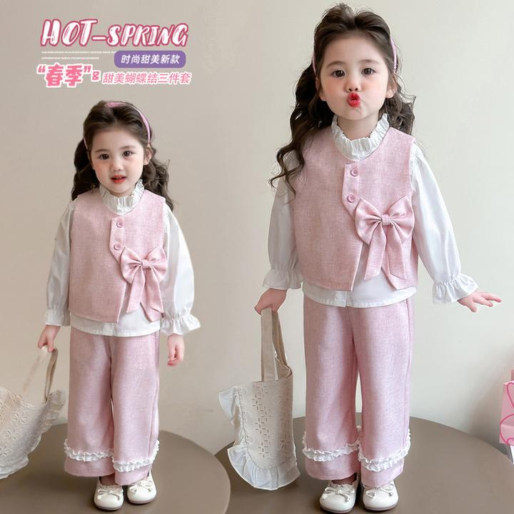 女小童春秋款套装2025春季新款儿童时髦洋气马甲三件套女宝宝春装