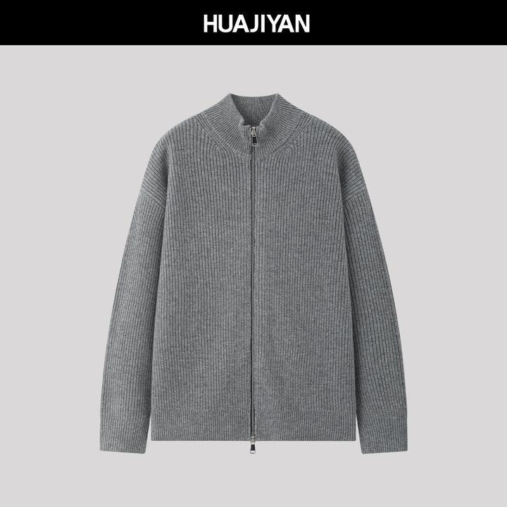 华吉言/HUAJIYAN【诺丁山】100绵羊毛竖坑条针织半高领宽松开衫外套