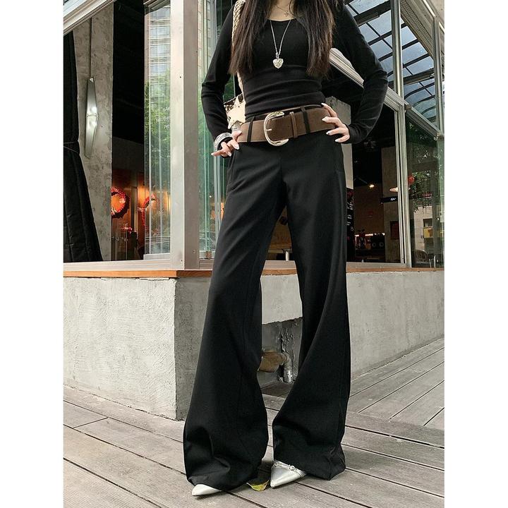 时尚中腰黑色休闲裤女夏季百搭宽松垂感微喇阔腿裤子西装拖地长裤