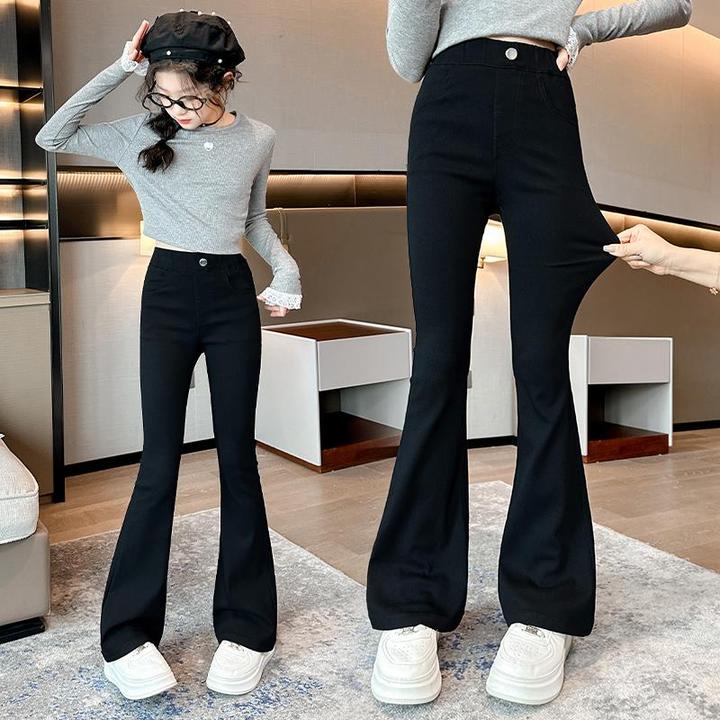 女童喇叭裤春秋款2025新款修身弹力黑色牛仔裤女大童春装儿童裤子