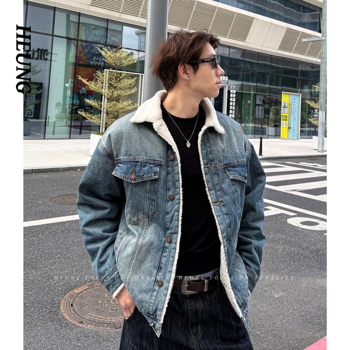 HEUNG 美式复古做旧撞色仿羊羔绒丹宁牛仔外套休闲水洗小众夹克