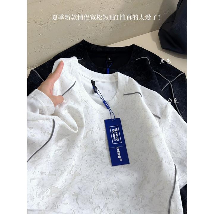 抗皱烧花反光拉条短袖t恤男女款夏2025新款半袖宽松男士显瘦上衣