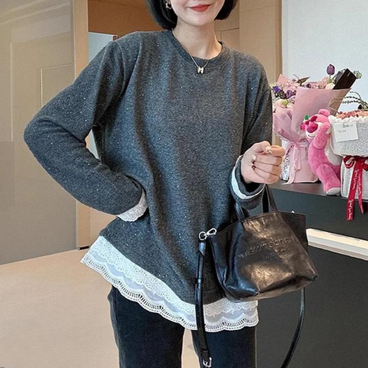2025春季新款韩版网红拼接闪光花边宽松加厚长袖T恤打底衫女上衣