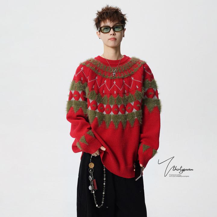 V37圣诞氛围感费尔岛提花针织衫男春季美式宽松慵懒圆领红色毛衣
