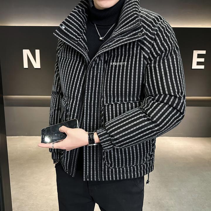 KANMALENLY/肯梅灵列男士皮羽绒服冬季竖条纹时尚休闲大码外套潮