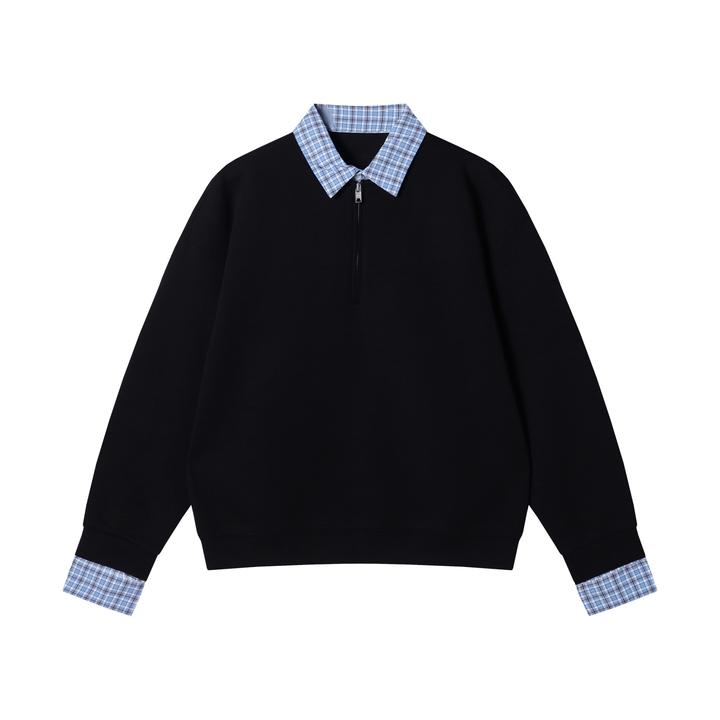 SDSA男士秋冬新款痞帅男装潮牌痞帅格子拼接半拉链翻领假两件卫衣