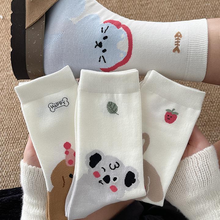 日本GP白色中筒袜子女2025新款春秋卡通动物可爱风棉袜外穿配勃肯
