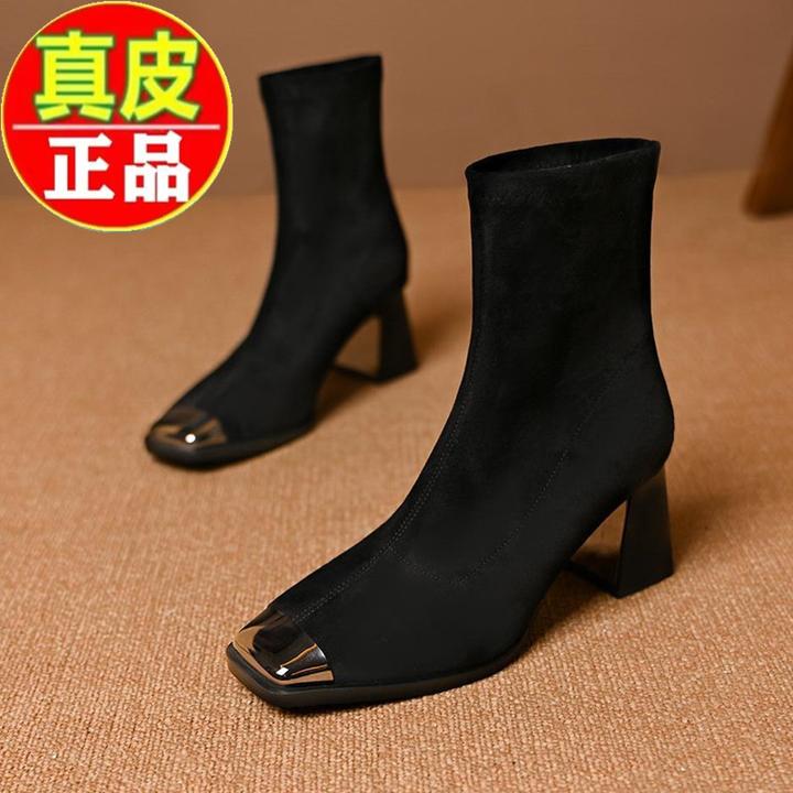 【万达撤柜】防踢头绒面短靴2025秋冬新款洋气粗跟金属方头中跟短靴