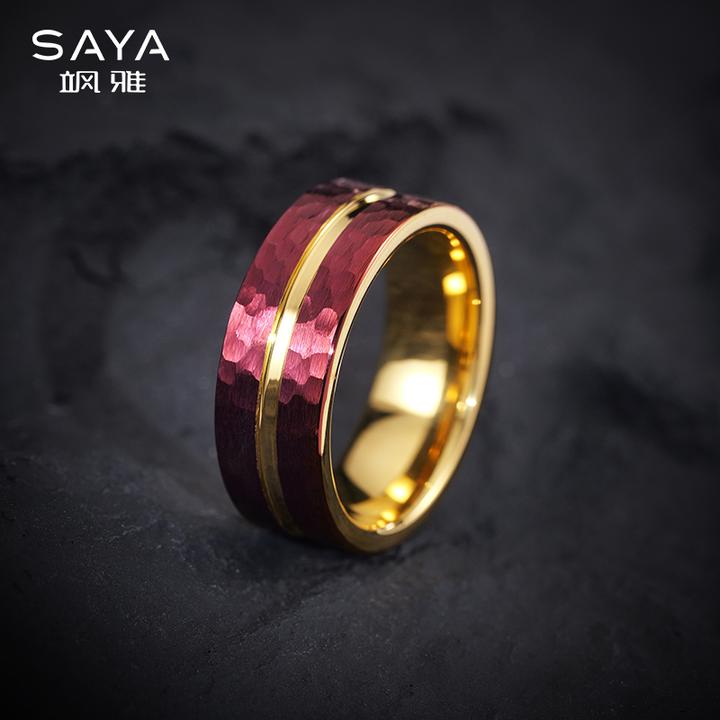 飒雅 钨合金戒指 日韩金色红色指环男士锤纹圈戒首饰情侣彩色j378