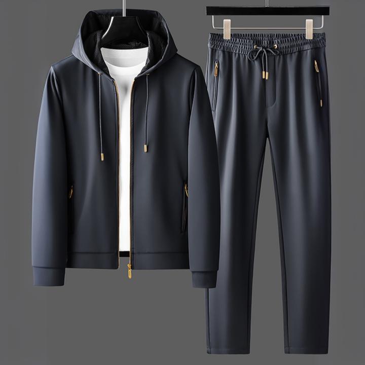 希敦纽勒春秋季丝滑抗皱四面弹力长袖卫衣两件套男连帽休闲套装