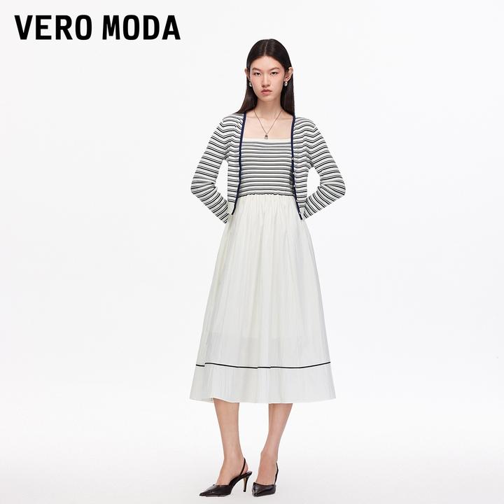 Vero Moda连衣裙2025秋季新款真两件条纹针织拼接A字裙325446019
