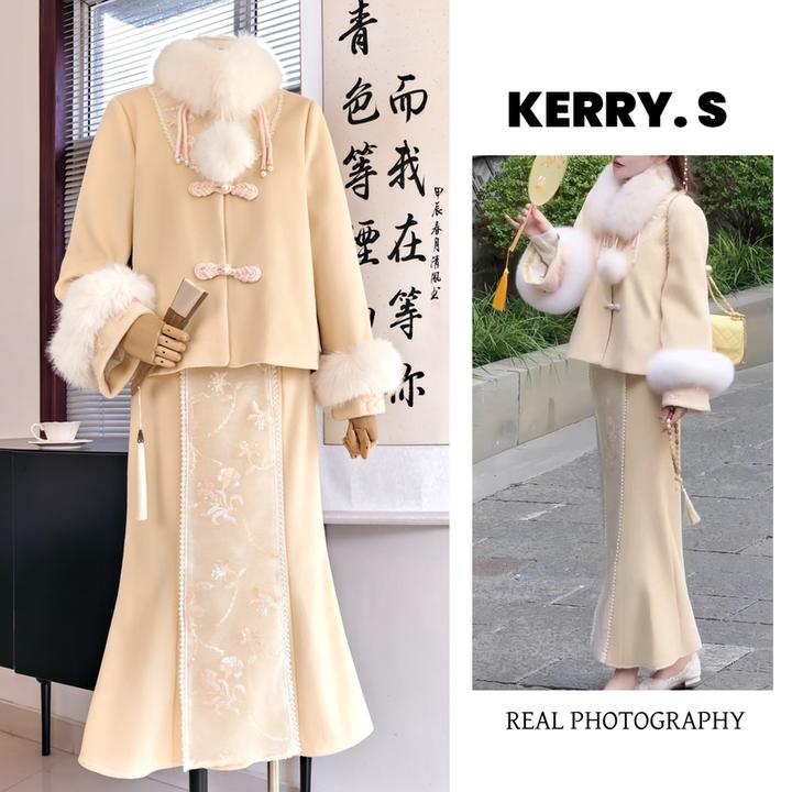锦绣暖冬•招财进宝 新中式毛领外套鱼尾裙冬季国风羽绒套装