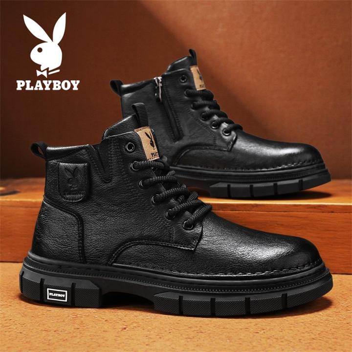 花花公子马丁靴男秋冬2025新款英伦风皮靴运动休闲短靴男士工装靴