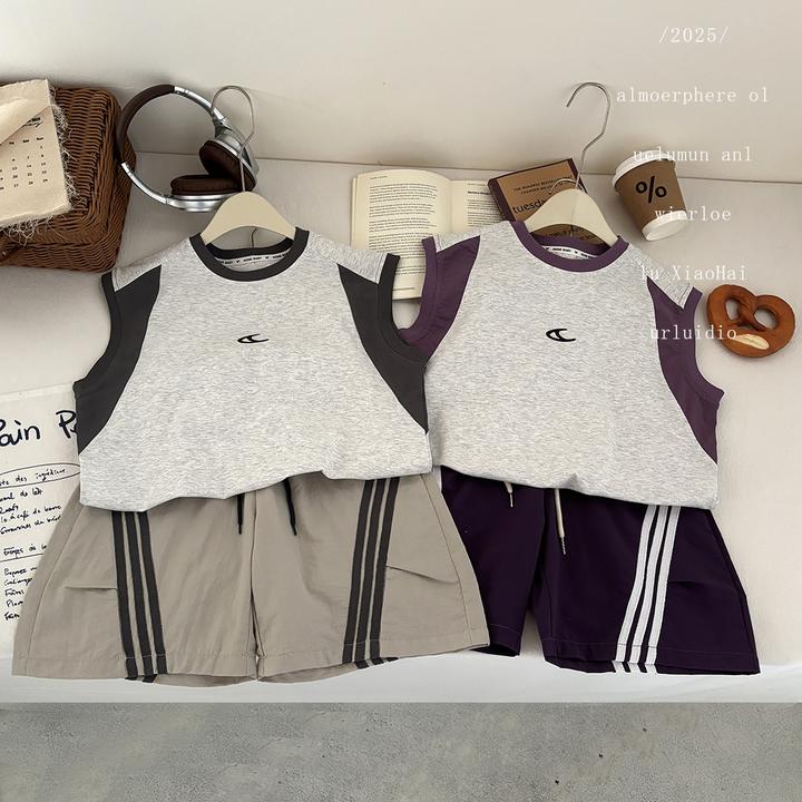 儿童夏季新款无袖背心套装棉质拼色运动童装俩件套韩版伞兵裤百搭