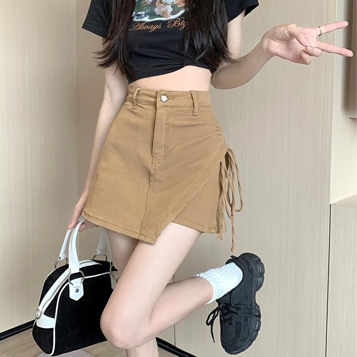 高腰不规则牛仔包臀裙夏季新款抽绳显瘦a字女短裙短裤小众半身裙