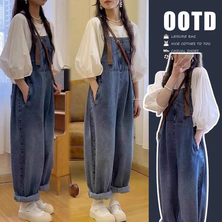 孕妇装时尚春秋两件套洋气泡泡袖上衣显瘦遮肚休闲牛仔背带裤套装