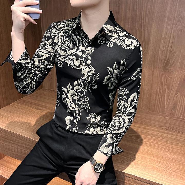 男士长袖花衬衫秋冬2024新款痞帅高级感春秋上衣男款休闲印花衬衣