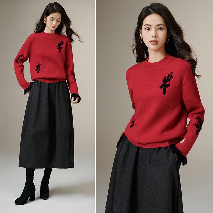 【新品】2025冬中国红圆领毛衣加绒针织衫25092931