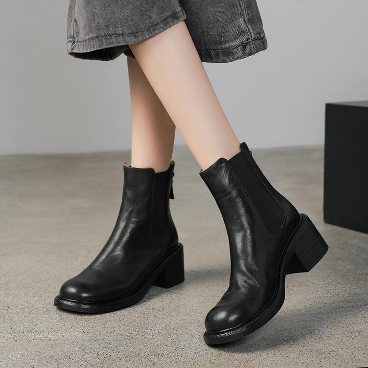 6cm~法式复古圆头粗跟简约百搭通勤黑色小短靴女气质真皮秋冬短靴